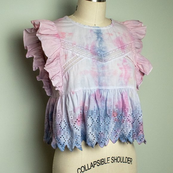Customized Ruffle Blouse w/ Custom Tie-Dye - Withe Eyelet Lace - Picture 1 of 6